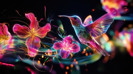 Birds and flowers, neon lights plexus, glowing lasers, black background, abstract motion, stunning desktop wallpaper