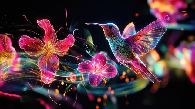 Birds and flowers, neon lights plexus, glowing lasers, black background, abstract motion, stunning desktop wallpaper