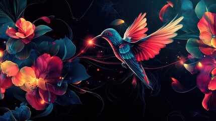 Neon lights, birds over flowers, glowing lasers, black background, abstract motion, vibrant desktop wallpaper
