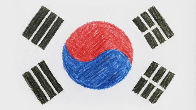 Hand-drawn of South Korea's national flag by a child, South Korea, flag, national symbol, hand-drawn,child's drawing, colorful