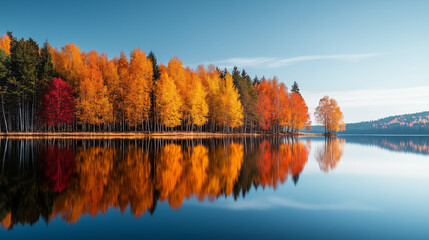 Colorful autumn trees reflecting in calm lake with blue sky