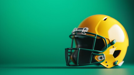 Bright yellow American football helmet with face mask positioned on green background, highlighting sports equipment design and team colors in a minimalist studio setting