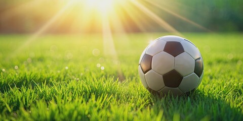Fototapeta premium Soccer ball on lush green grass, soccer, football, sports, outdoor, game, competition, playing, field, recreation, equipment