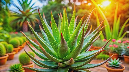 Obraz premium Aloe vera plant thriving in a vibrant garden, aloe vera, succulent, green, leaves, healthy, plant, healing, natural