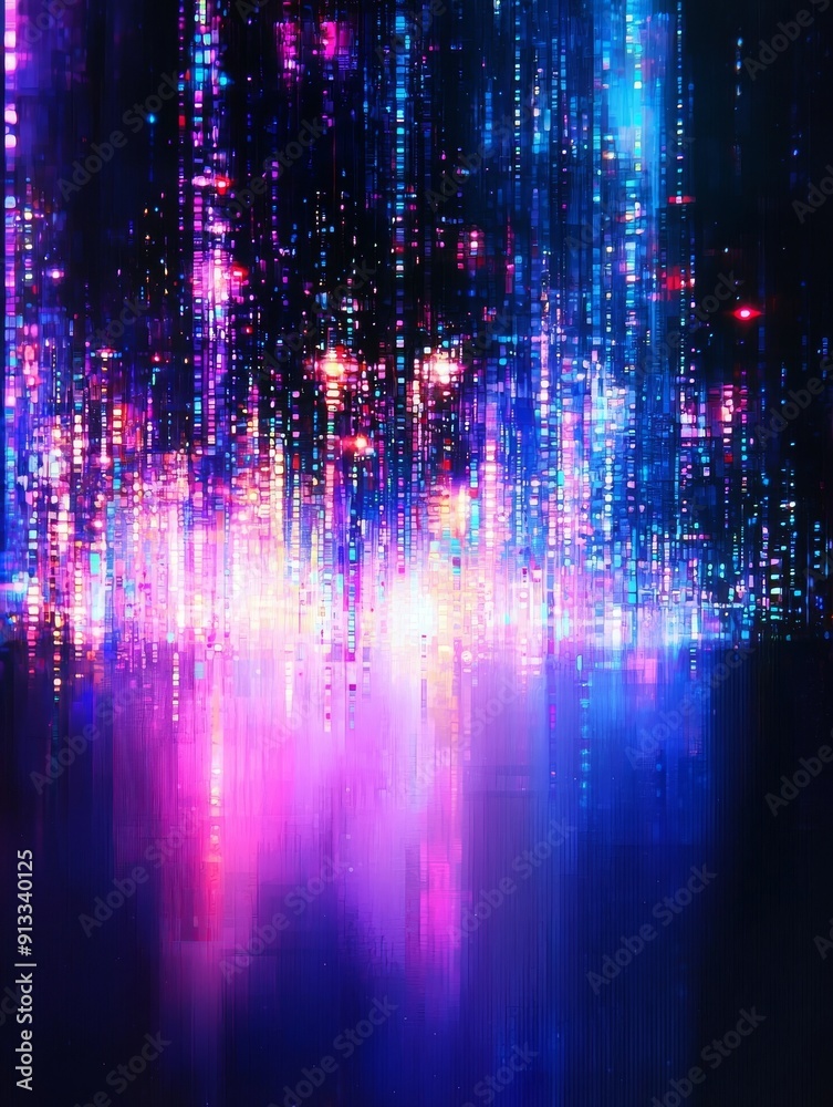 Poster Abstract technology background with glowing code in distorted lines with blur and focus.