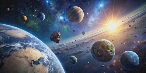 Planet Earth viewed from space surrounded by asteroids, lights from the galaxy, and the moon in the background, Earth