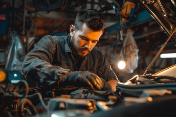 A mechanic repairing a car in a garage, demonstrating skill and proficiency in automotive maintenance