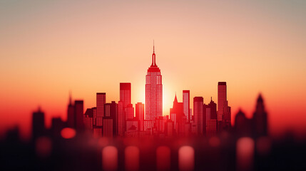 Obraz premium Silhouette of New York City skyline at sunset with Empire State Building illuminated in red against vibrant orange sky, creating dramatic urban twilight panorama with blurred foreground