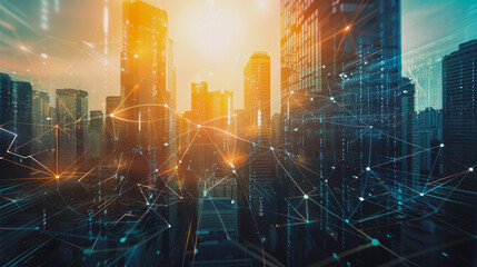 Obraz premium Smart digital city with connection network reciprocity over the cityscape . Concept of future smart wireless digital city and social media networking systems that connects people within the city