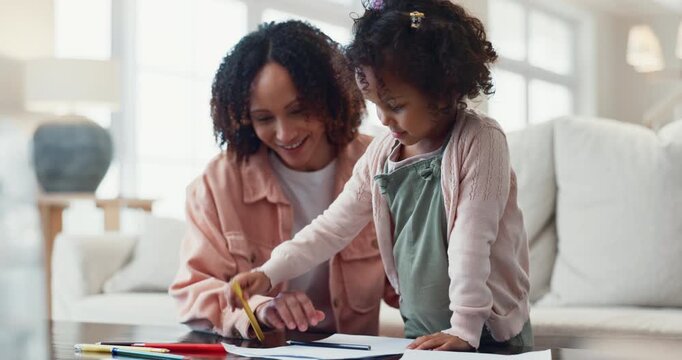Drawing, social worker and child with woman for art test, creative lesson and motor skills. Developmental psychology, therapy session and young girl with crayons for education, activity and writing