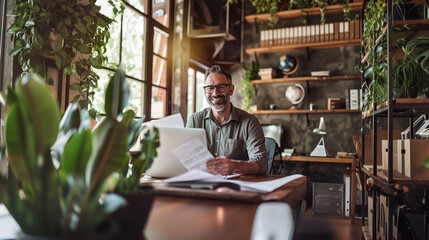 Obraz premium an adult man with a beard is reading business documents and smiling. The working atmosphere of a cozy office.