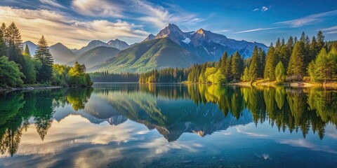 Scenic landscape with a serene lake reflecting the surrounding trees and mountains, nature, water, reflection, beauty