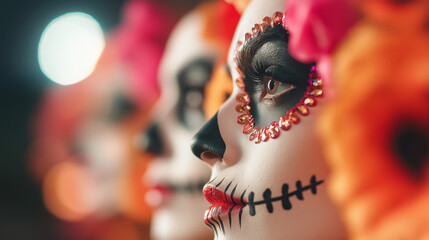 Fototapeta premium Close-up of women with colorful Day of the Dead makeup and floral accessories