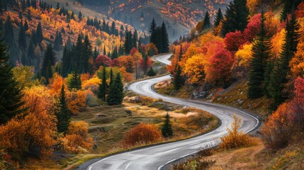 Winding road with colorful fall trees in the mountain valley generative ai