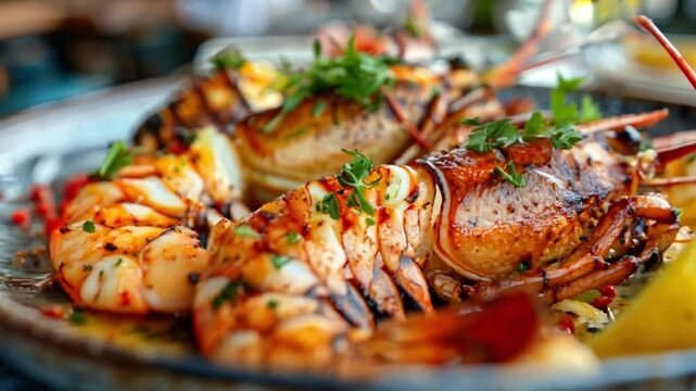 Grilled lobster and shrimp garnished with herbs served on a decorative plate with lemon wedges at a restaurant during sunset.