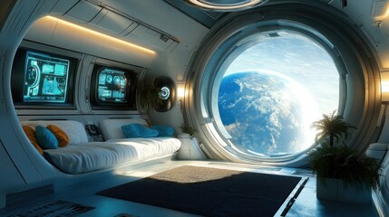 Futuristic Spaceship Interior with Earth View