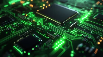 Obraz premium Green Circuit Board with Glowing Lines