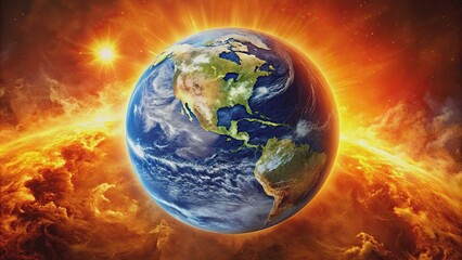 Fototapeta premium Earth surrounded by heatwaves showing the impact of global warming on rising temperature, global warming