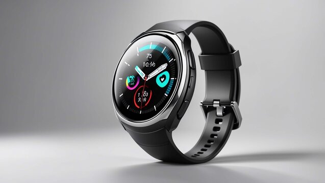 It's a black and silver smartwatch with a colorful digital face.