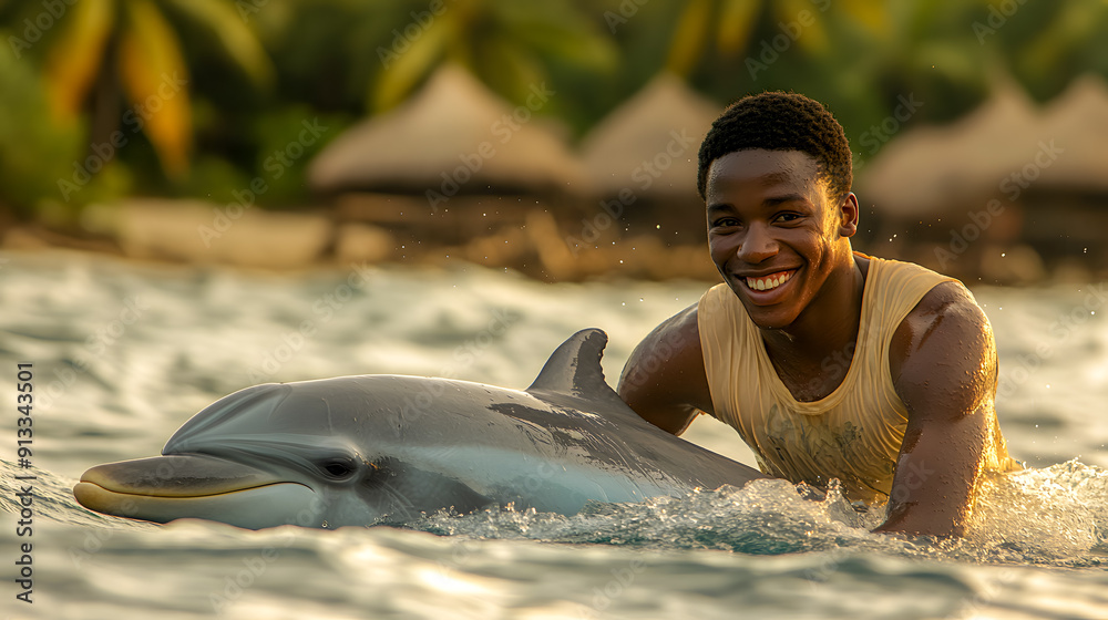 Wall mural Young person swimming with a dolphin in the clear turquoise waters of a tropical beach  The two are joyfully interacting and playing together in a scene of freedom adventure and natural harmony