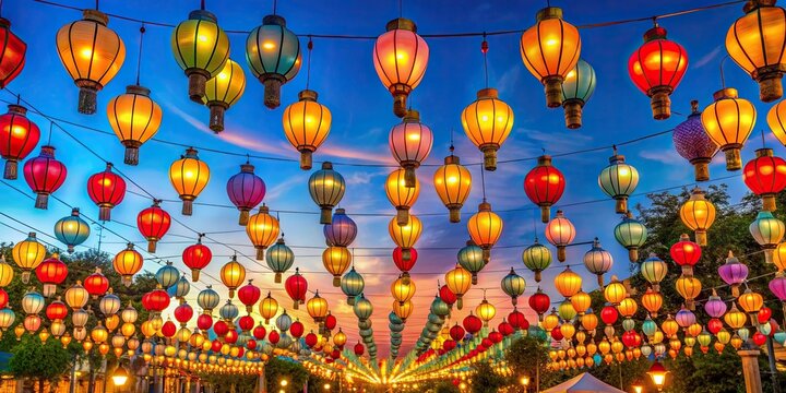 Vibrant paper lanterns illuminate the evening sky at the April Fair in Seville, Spain, paper lanterns, farolillos