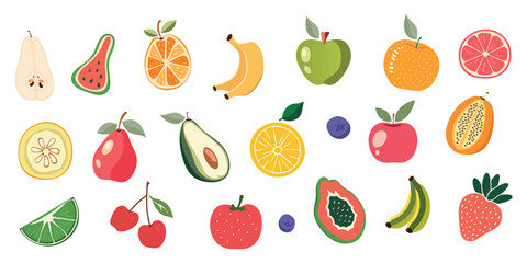 Vibrant collection of hand-drawn fruits, perfect for healthy eating concepts.