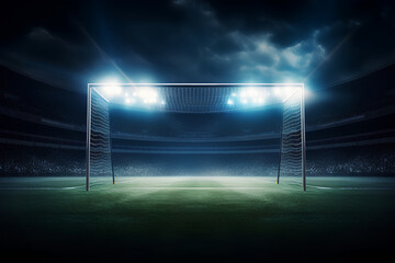 3d rendering of sport concept background - soccer footbal stadium with floodlights. Grass fooball pitch with mark up and soccer goal with net