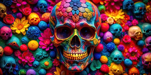 Fototapeta premium Bright and colorful skull texture , vibrant, colorful, skull, pattern, texture, colorful, bright, abstract, neon, vibrant