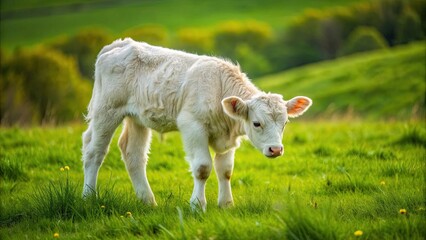 Obraz premium Curious calf with a fluffy white coat grazing in a lush green meadow , calf, grazing, meadow, curious, animal, farm, green, nature