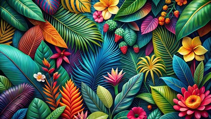 Colorful abstract tropical leaves and flowers composition with vibrant hues and intricate details, tropical, leaves, flowers