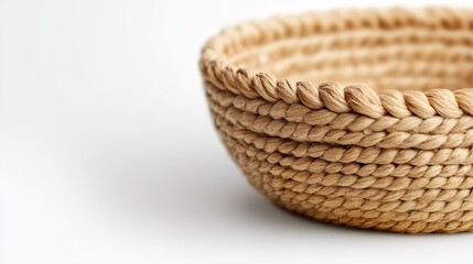 Intricately woven basket of natural fibers with soft silk details, isolated on a pristine white background