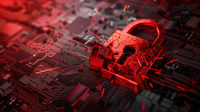 System compromised with a red broken padlock and cybersecurity alert message on screen.