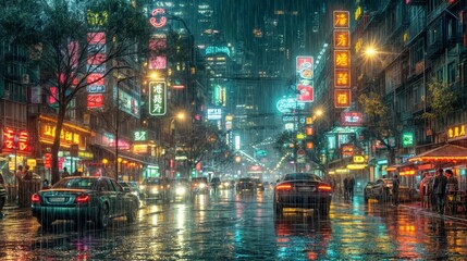 A vibrant urban street at night with neon lights illuminating the rain-soaked pavement, capturing the essence of a bustling city in the rain..