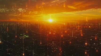 Obraz premium Smart digital Innovation city with connection network reciprocity over the cityscape .Concept of future smart wireless digital city and social media networking systems that people within the city