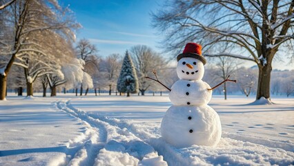Obraz premium Snowman standing tall in a snow-covered park, snowman, winter, park, outdoors, holiday, Christmas, cold, frosty