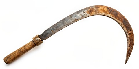 Rusty old sickle with weathered blade, rusty, old, sickle, weathered, blade, worn, farm tool, agriculture, vintage, metal