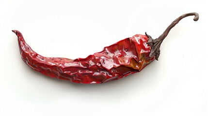 Close-up of a single dried red chili pepper isolated on a white background, perfect ingredient for spicy recipes and cooking.
