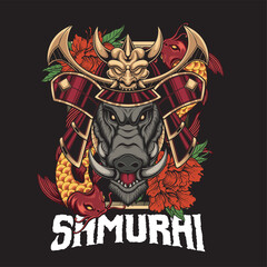 Vector Illustration of Hog Samurai with Koi Fish in Vintage Illustration Available for Tshirt Design