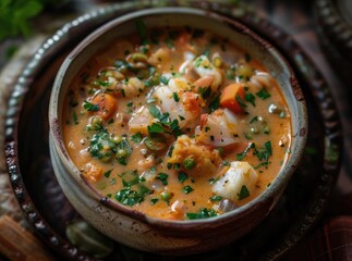 A delicious bowl of hearty soup garnished with fresh herbs, showcasing vibrant colors and rich textures perfect for any meal.