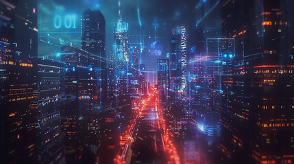 Obraz premium Smart digital Innovation city with connection network reciprocity over the cityscape .Concept of future smart wireless digital city and social media networking systems that people within the city