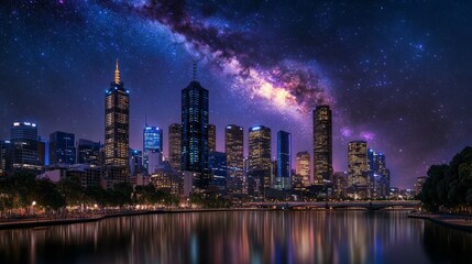 Fototapeta premium At night, the bustling city skyline is lit up with towering skyscrapers and twinkling city lights reflecting on the nearby river. It shows dazzling stars and cosmic dust in vivid blue and purple color