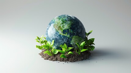 Earth surrounded by green plants, symbolizing environmental protection and sustainability. Isolated on a white background.