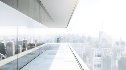 Modern office building with a glass facade overlooking the city skyline, white background, close-up of the window and interior space, clear sky, cityscape in the distance.