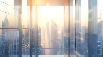 A panoramic view of an office building's glass facade, showcasing the city skyline in soft focus on a white background. The window glows with sunlight and highlights the architectural details.