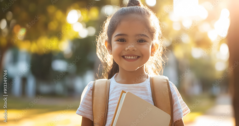 Wall mural little latin girl happy about her return to school with her backpack and holding a book