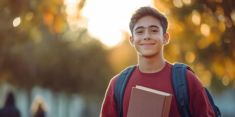young latin boy happy about his return to school with his backpack and holding a book
