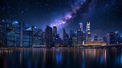Fototapeta premium At night, the bustling city skyline is lit up with towering skyscrapers and twinkling city lights reflecting on the nearby river. It shows dazzling stars and cosmic dust in vivid blue and purple color