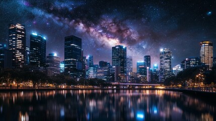 At night, the bustling city skyline is lit up with towering skyscrapers and twinkling city lights reflecting on the nearby river. It shows dazzling stars and cosmic dust in vivid blue and purple color