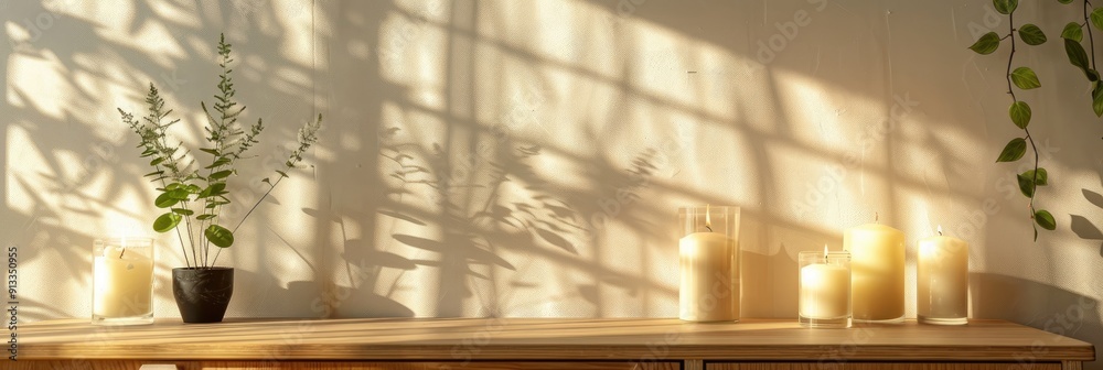 Canvas Prints Candles and plants on wooden cabinet in a living room setting with shadows cast on the wall Authentic image