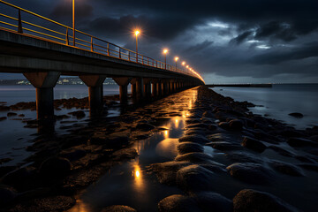 Fototapeta premium a bridge that goes straight towards the sea at night when it rains